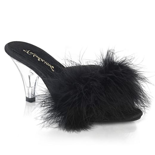 Product image of Fabulicious BELLE-301F Black Polyurethane (Pu)-Faux Fur/Clear 3 inch (7.6 cm) Heel 1/8 inch (0.3 cm) Mini Platform Faux Feathers Faux Fur Slide Slide Mule Shoes