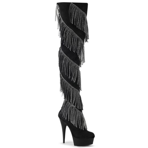 Product image of Pleaser DELIGHT-3065 Black Faux Suede-Silver/Black Matte 6 inch (15.2 cm) Heel 1 3/4 inch (4.5 cm) Platform Thigh Boot With Rhinestones Fringe Inside Zip Thigh High Boot