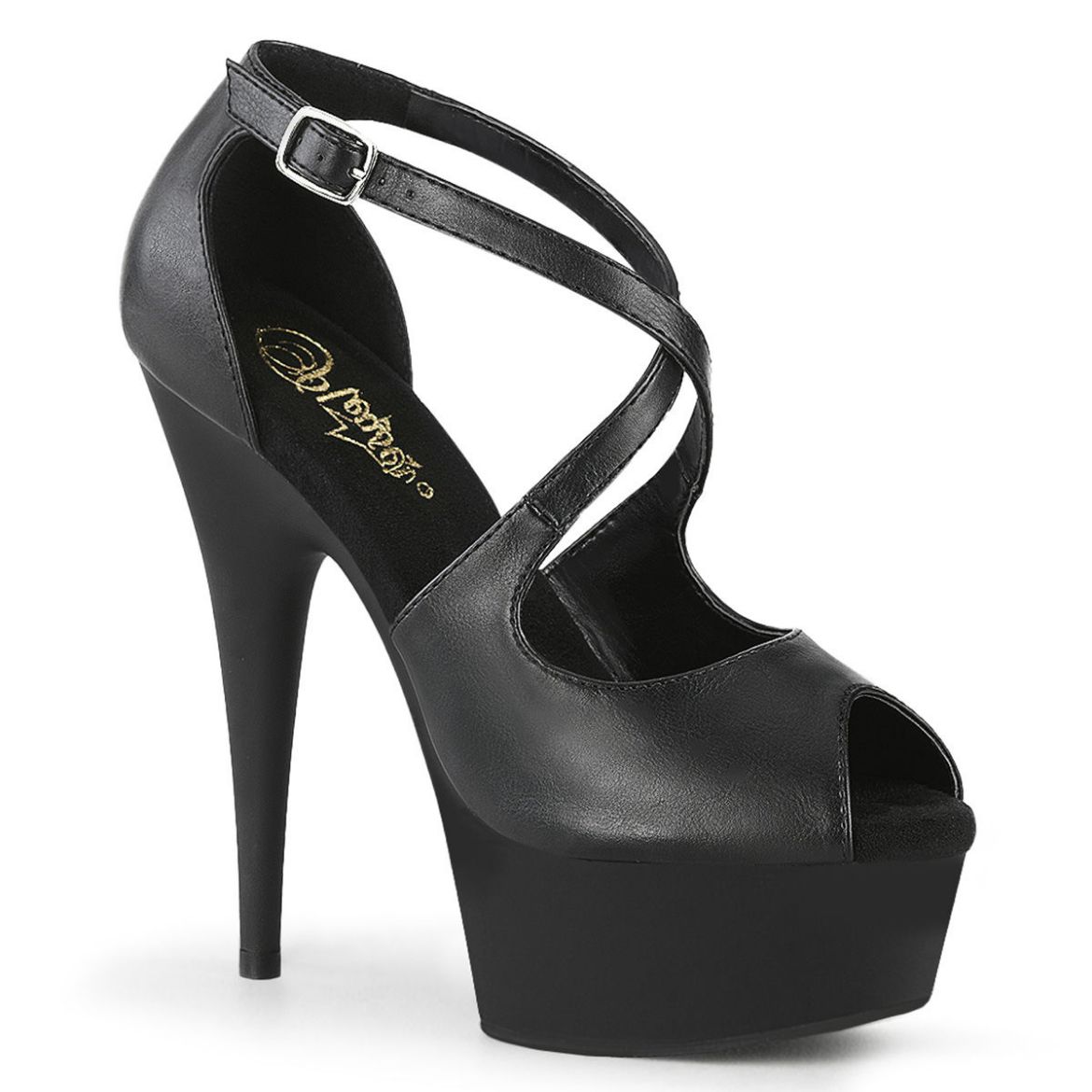 Product image of Pleaser DELIGHT-621 Black Faux Leather/Black Matte 6 inch (15.2 cm) Heel 1 3/4 inch (4.5 cm) Platform Peep Toe Criss Cross Sandal Shoes