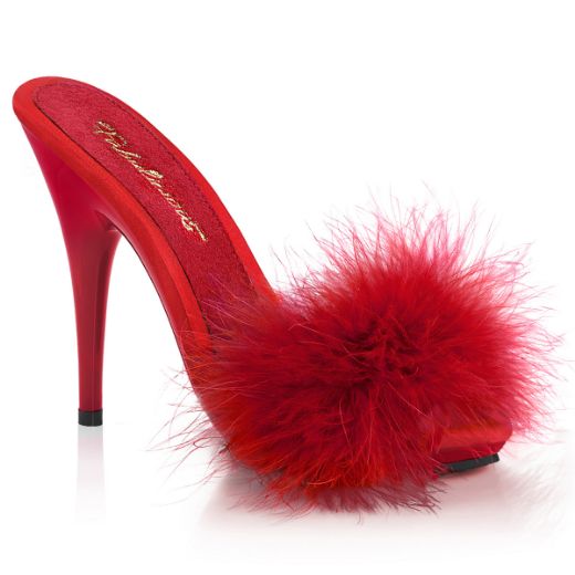 Product image of Fabulicious POISE-501F Red Satin-Faux Feathers Faux Fur/Red 5 inch (12.7 cm) Heel 3/8 inch (1 cm) Platform Faux Feathers Slide Sandal Shoes