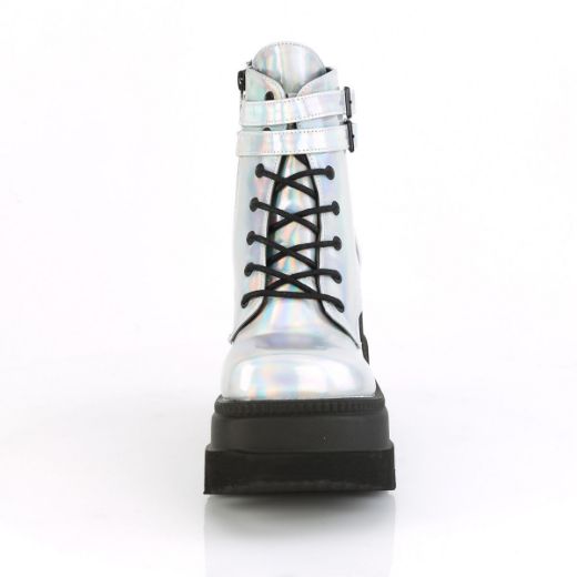 Product image of Demonia SHAKER-52 Silver Holographic 4 1/2 inch Wedge Platform Ankle Boot Side Zip