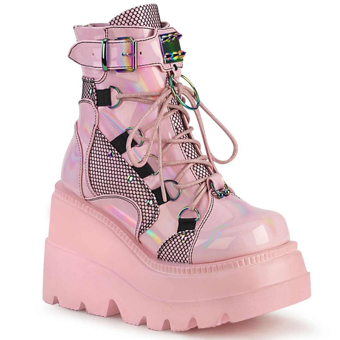 Product image of Demonia SHAKER-60 Baby Pink Holographic 4 1/2 inch Wedge Platform Lace-Up Ankle Boot Back Metal Zip