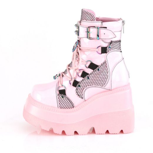Product image of Demonia SHAKER-60 Baby Pink Holographic 4 1/2 inch Wedge Platform Lace-Up Ankle Boot Back Metal Zip