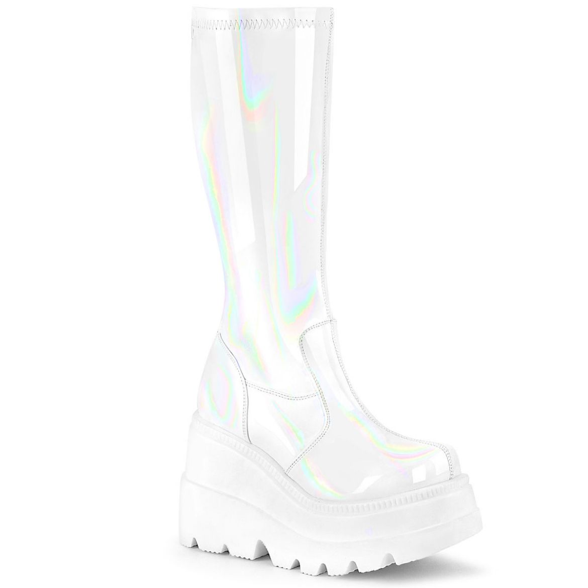 Product image of Demonia SHAKER-65 White Holographic 4 1/2 inch Wedge Platform Stretch Knee High Boot Back Zip