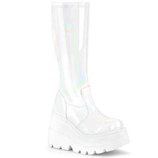 Product image of Demonia SHAKER-65 White Holographic 4 1/2 inch Wedge Platform Stretch Knee High Boot Back Zip