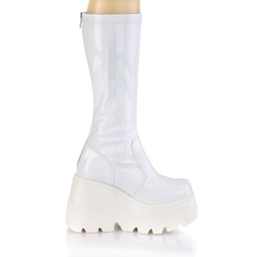 Product image of Demonia SHAKER-65 White Holographic 4 1/2 inch Wedge Platform Stretch Knee High Boot Back Zip