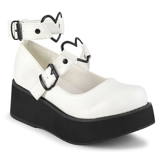 Product image of Demonia SPRITE-02 White Vegan Faux Leather 2 1/4 inch Platform Mary Jane With  Hearts O-Ring & Studs Detail
