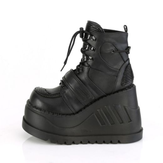 Product image of Demonia STOMP-13 Black Vegan Faux Leather 4 3/4 inch Wedge Platform Lace-Up Ankle Boot With  Hook & Loop Straps