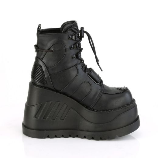 Product image of Demonia STOMP-13 Black Vegan Faux Leather 4 3/4 inch Wedge Platform Lace-Up Ankle Boot With  Hook & Loop Straps
