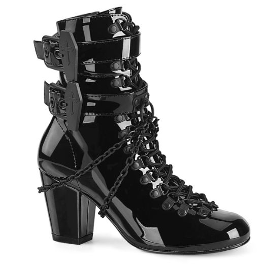 Product image of Demonia VIVIKA-128 Black Patent 3 inch (7.6 cm) Block Heel Round Toe D-Ring Lace-Up Ankle Boot Size Zip