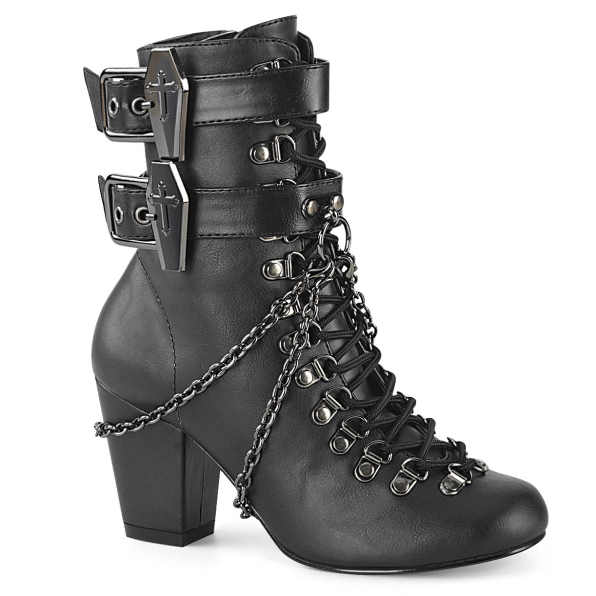Product image of Demonia VIVIKA-128 Black Vegan Faux Leather 3 inch (7.6 cm) Block Heel Round Toe D-Ring Lace-Up Ankle Boot Size Zip