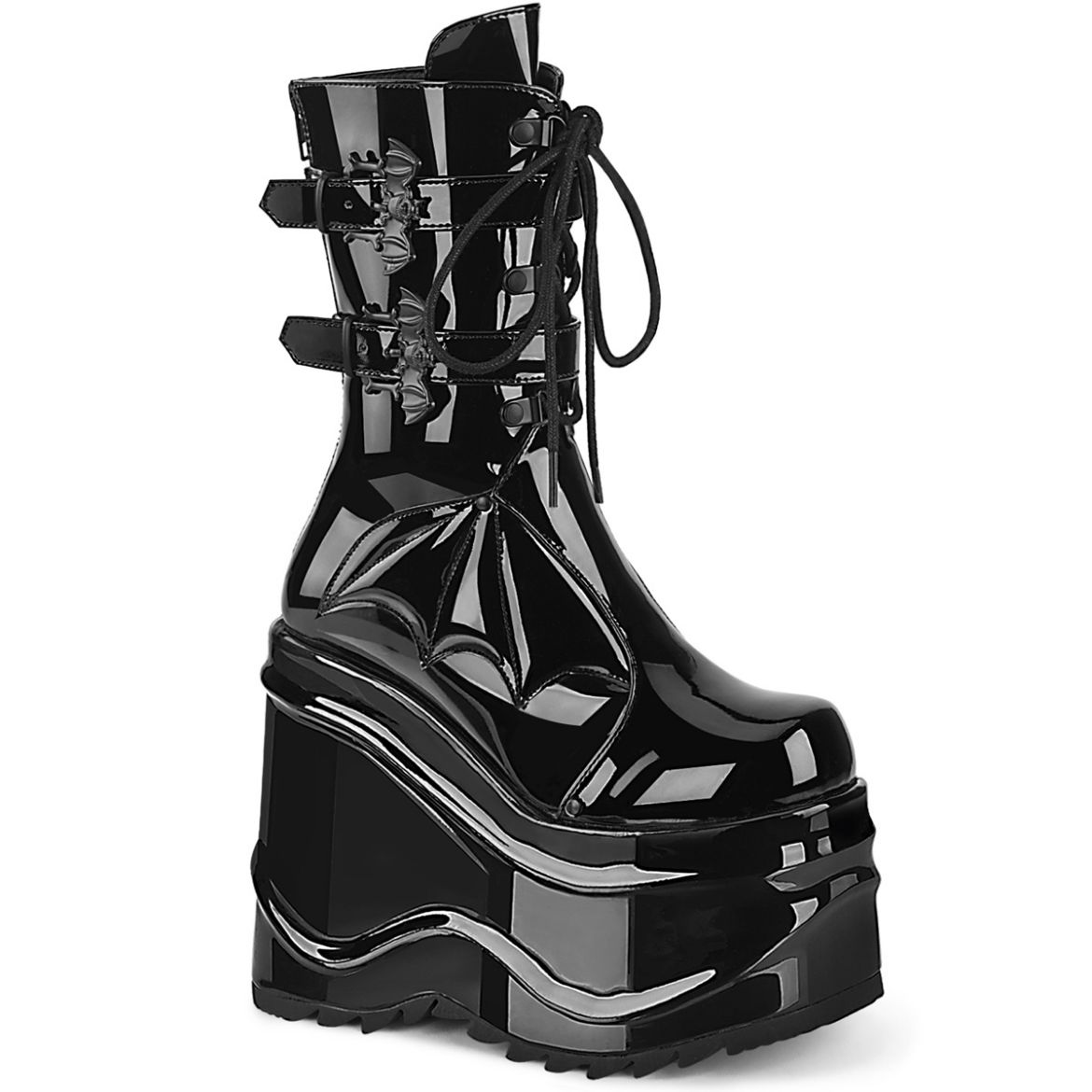 Product image of Demonia WAVE-150 Black Patent 6 inch (15.2 cm) Wedge Platform Lace-Up Mid-Calf Boot Back Metal Zip