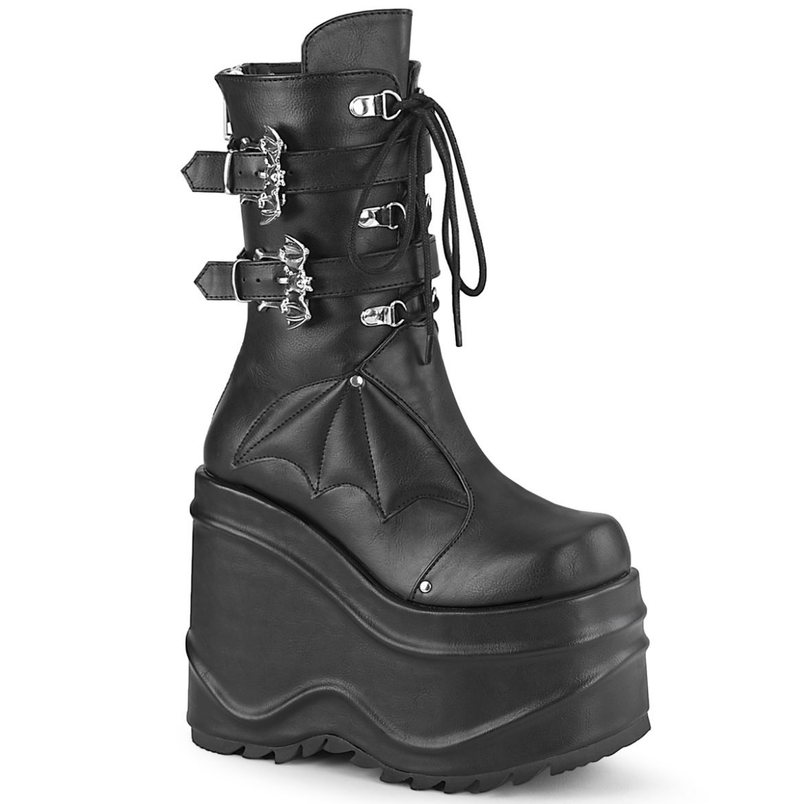 Product image of Demonia WAVE-150 Black Vegan Faux Leather 6 inch (15.2 cm) Wedge Platform Lace-Up Mid-Calf Boot Back Metal Zip