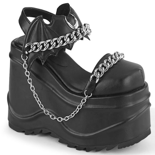 Product image of Demonia WAVE-20 Black Vegan Faux Leather 6 inch (15.2 cm) Wedge Platform Close Toe Ankle Strap Sandal