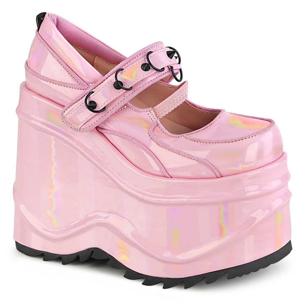 Product image of Demonia WAVE-48 Baby Pink Holographic Patent 6 inch (15.2 cm) Wedge Platform Maryjane