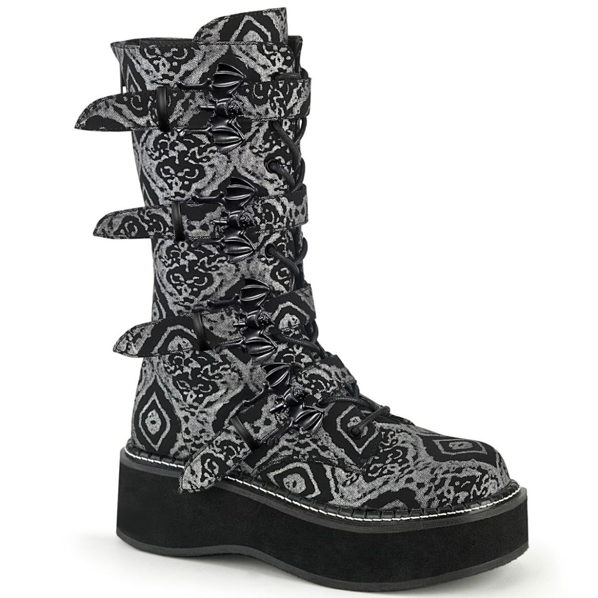 Image of Demonia EMILY-322 Blk-Silver Faux Nubuck Leather 2 Inch PF Lace_up Mid-Calf Boot w/ 4 Buckle Straps Back Zip