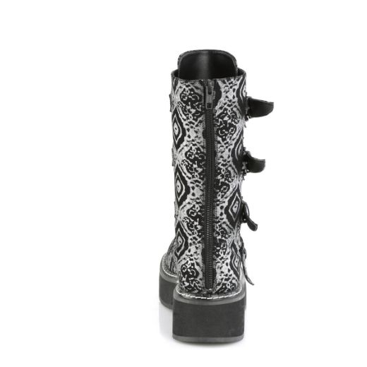 Image of Demonia EMILY-322 Blk-Silver Faux Nubuck Leather 2 Inch PF Lace_up Mid-Calf Boot w/ 4 Buckle Straps Back Zip