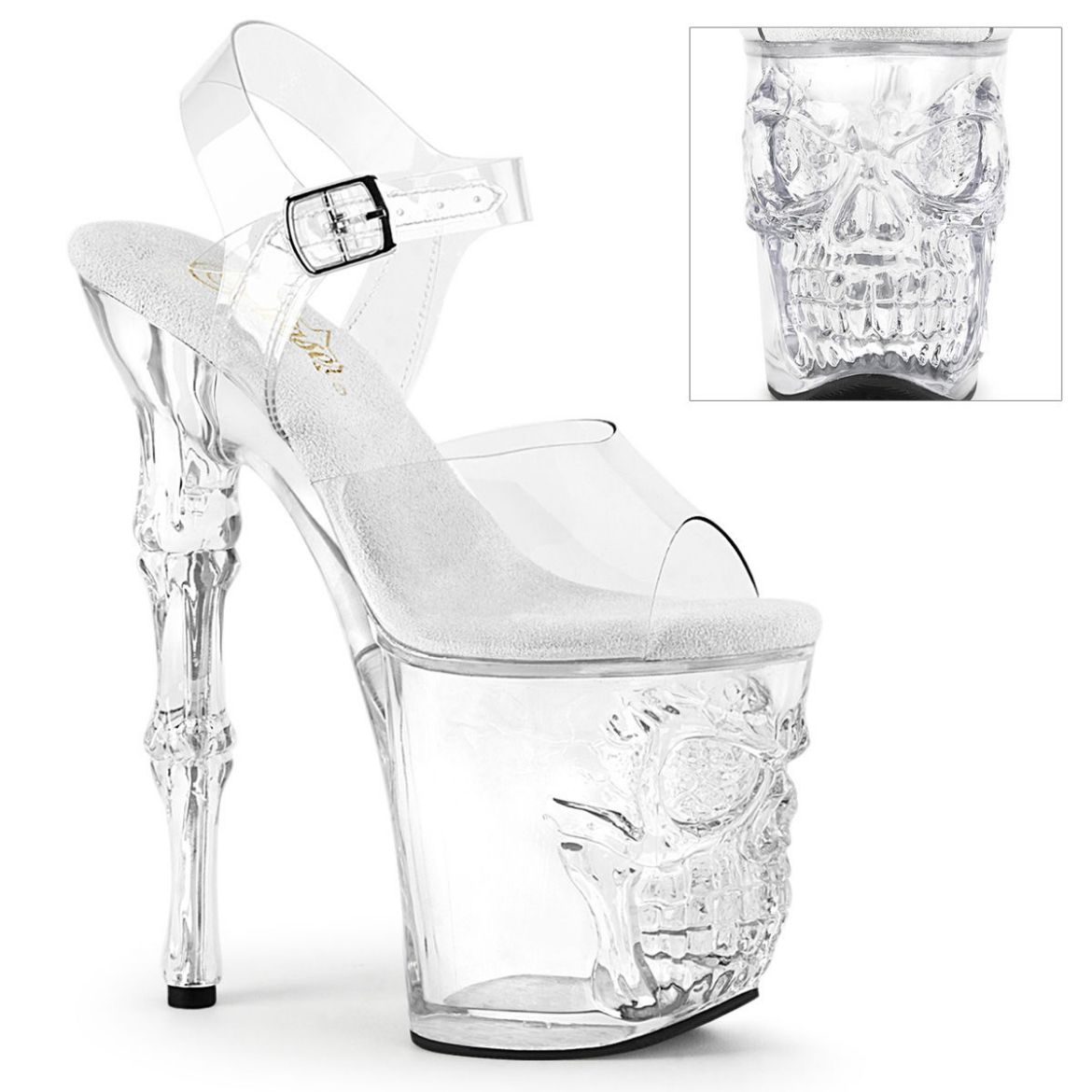 Image of Pleaser RAPTURE-808 Clr/Clr 8 Inch Finger Bone Heel 4 Inch Skull PF Ankle Strap Sandal
