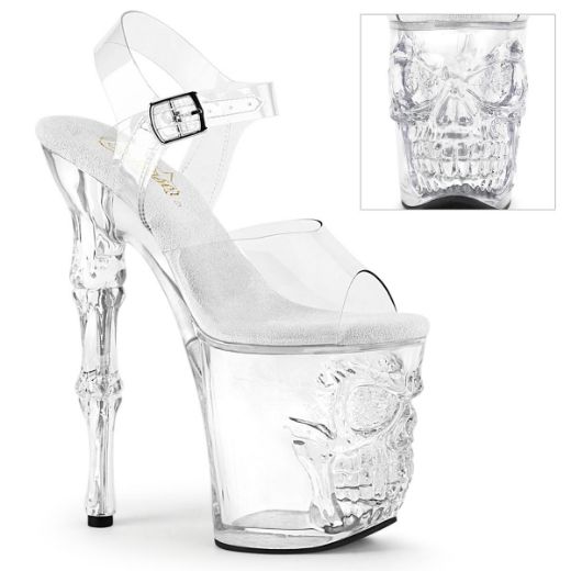 Image of Pleaser RAPTURE-808 Clr/Clr 8 Inch Finger Bone Heel 4 Inch Skull PF Ankle Strap Sandal