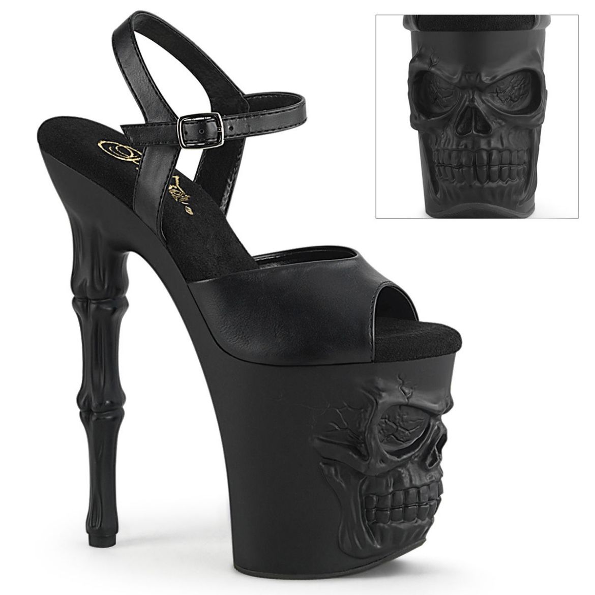 Image of Pleaser RAPTURE-809 Blk Faux Leather/Blk Matte 8 Inch Finger Bone Heel 4 Inch Skull PF Ankle Strap Sandal