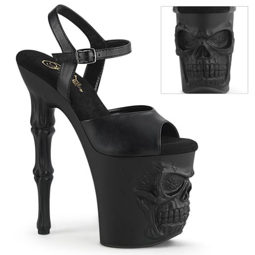 Image of Pleaser RAPTURE-809 Blk Faux Leather/Blk Matte 8 Inch Finger Bone Heel 4 Inch Skull PF Ankle Strap Sandal
