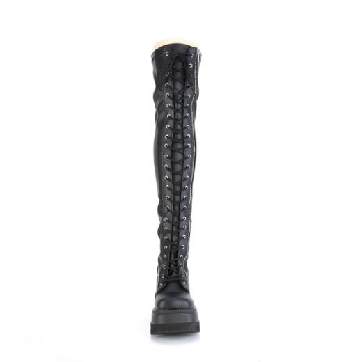 Image of Demonia SHAKER-374 Blk Str. Vegan Leather 4 1/2 Inch Wedge PF Lace-Up Thigh-High Boot Outside Zip