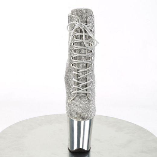 Image of Pleaser FLAMINGO-1020CHRS Slv RS/Slv Chrome 8 Inch Heel  4 Inch PF Lace-Up RS Embellished Ankle Boot Side Zip
