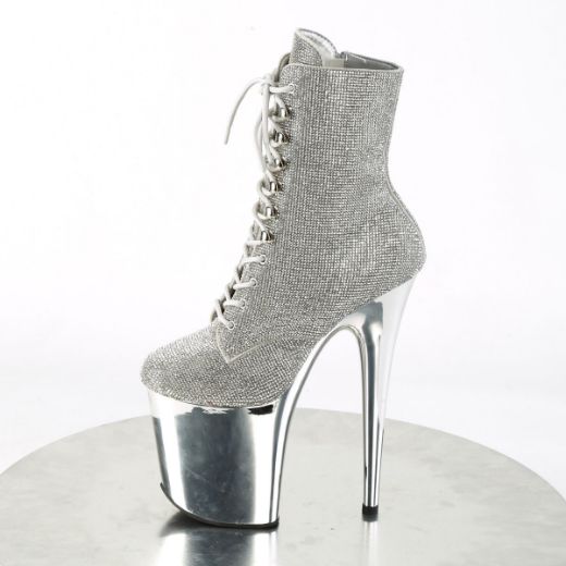 Image of Pleaser FLAMINGO-1020CHRS Slv RS/Slv Chrome 8 Inch Heel  4 Inch PF Lace-Up RS Embellished Ankle Boot Side Zip