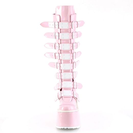 Image of Demonia SWING-815 B.Pink Hologram 5 1/2 Inch PF Knee High Boot w/ 8 Buckle Straps Back Metal Zip