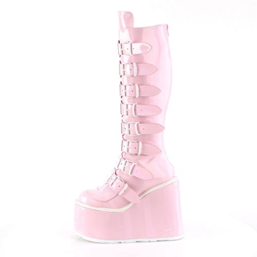 Image of Demonia SWING-815 B.Pink Hologram 5 1/2 Inch PF Knee High Boot w/ 8 Buckle Straps Back Metal Zip