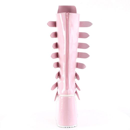 Image of Demonia SWING-815 B.Pink Hologram 5 1/2 Inch PF Knee High Boot w/ 8 Buckle Straps Back Metal Zip