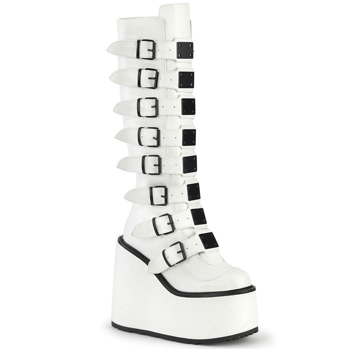 Image of Demonia SWING-815 Wht Vegan Leather 5 1/2 Inch PF Knee High Boot w/ 8 Buckle Straps Back Metal Zip