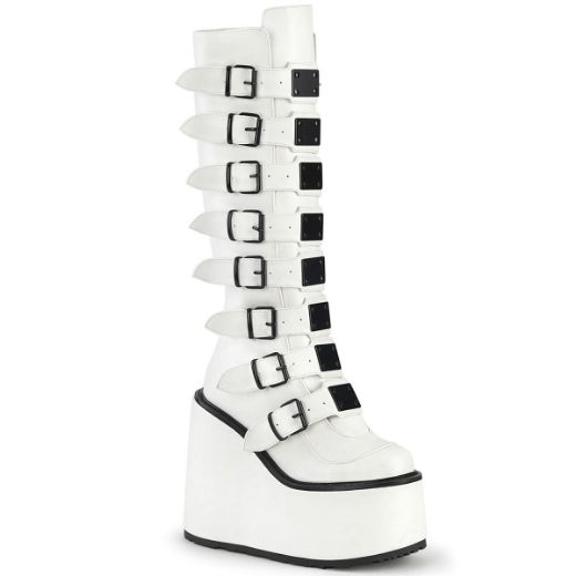 Image of Demonia SWING-815 Wht Vegan Leather 5 1/2 Inch PF Knee High Boot w/ 8 Buckle Straps Back Metal Zip