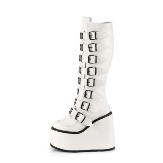 Image of Demonia SWING-815 Wht Vegan Leather 5 1/2 Inch PF Knee High Boot w/ 8 Buckle Straps Back Metal Zip