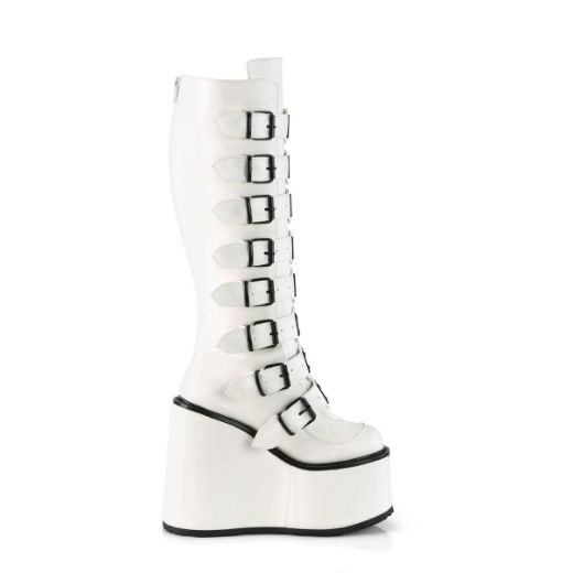 Image of Demonia SWING-815 Wht Vegan Leather 5 1/2 Inch PF Knee High Boot w/ 8 Buckle Straps Back Metal Zip