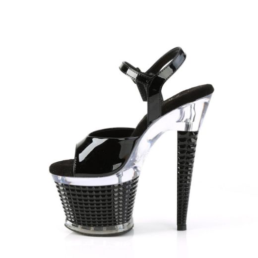 Image of Pleaser SPECTATOR-709 Blk Pat/Clr-Blk 7 Inch Heel 3 Inch Textured PF Ankle Strap Sanda
