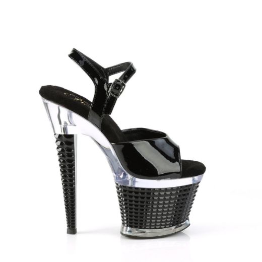 Image of Pleaser SPECTATOR-709 Blk Pat/Clr-Blk 7 Inch Heel 3 Inch Textured PF Ankle Strap Sanda