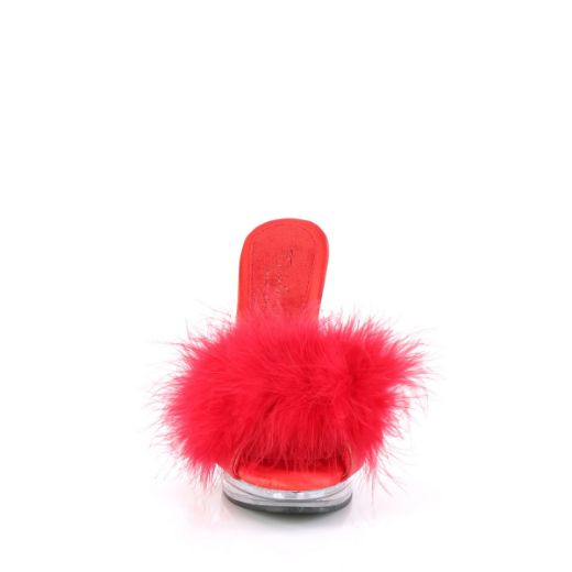 Image of Fabulicious GLORY-501F-8 Red Faux Leather-Fur/Clr 5 Inch Heel 3/4 Inch PF Marabou Slipper