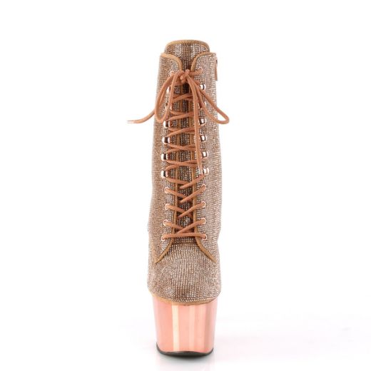 Image of Pleaser ADORE-1020CHRS Rose Gold RS/Rose Gold Chrome 7 Inch Heel  2 3/4 Inch PF RS Embellished Ankle Boot Side Zip