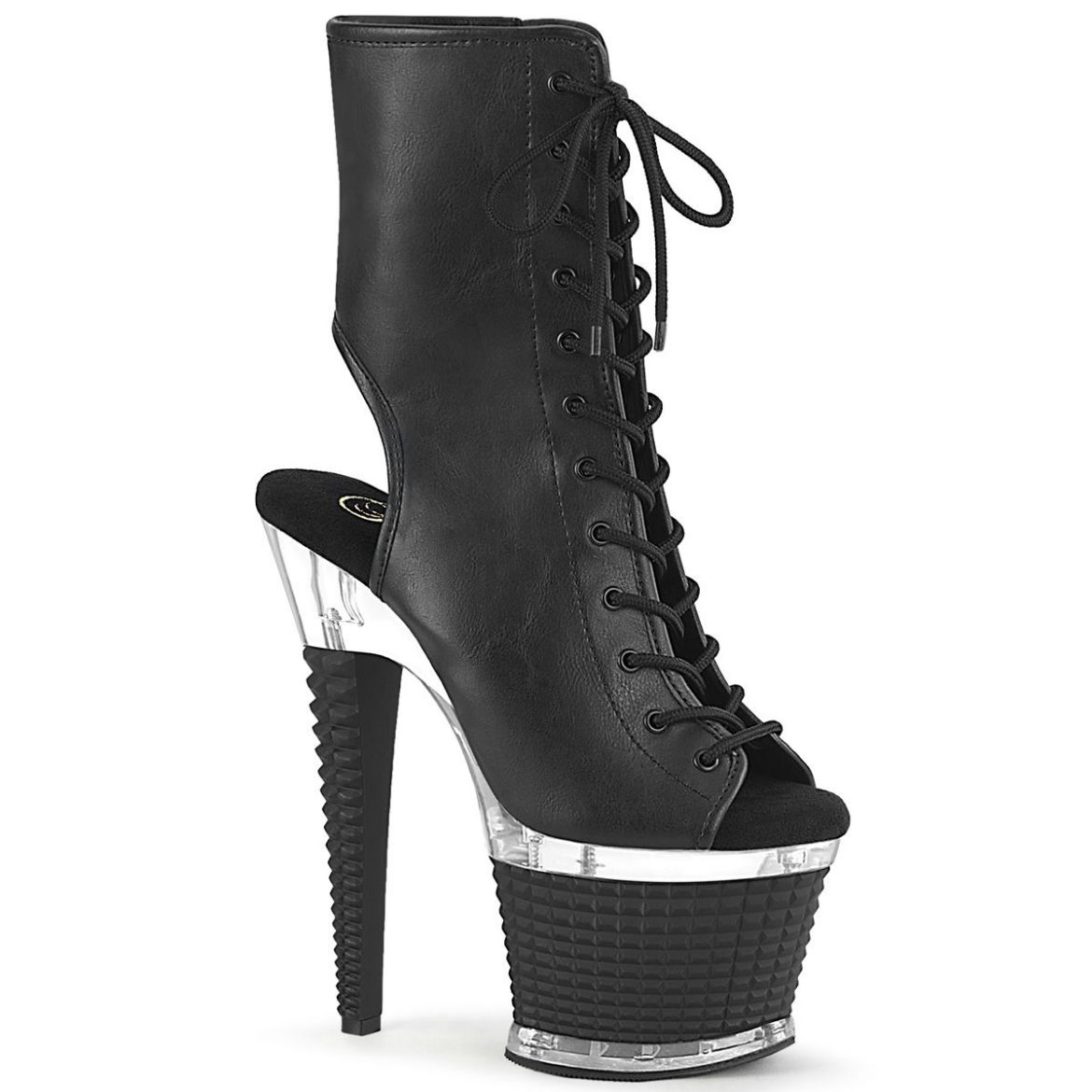 Image of Pleaser SPECTATOR-1016 Blk Faux Leather/Clr-Blk Matte 7 Inch Heel 3 Inch Textured PF Open Toe/Heel Ankle Boot Side Zip