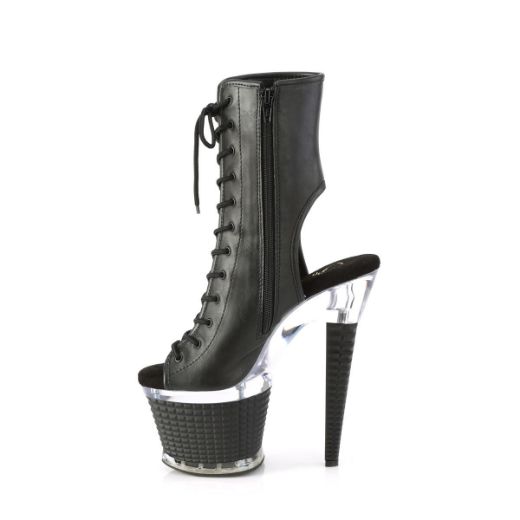 Image of Pleaser SPECTATOR-1016 Blk Faux Leather/Clr-Blk Matte 7 Inch Heel 3 Inch Textured PF Open Toe/Heel Ankle Boot Side Zip