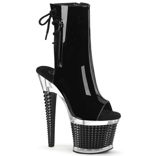 Image of Pleaser SPECTATOR-1018 Blk Pat/Clr-Blk 7 Inch Heel 3 Inch Textured PF Open Toe/Heel Ankle Boot Side Zip