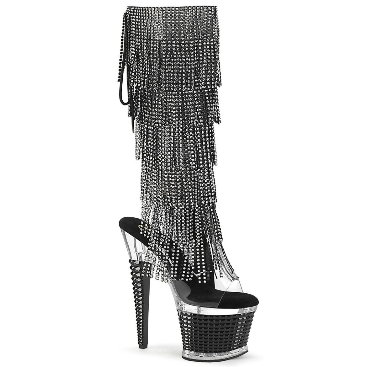 Image of Pleaser SPECTATOR-2017RSF Clr-Blk/Clr-Blk 7 Inch Heel 3 Inch Textured PF Open Toe/Heel Knee Boot Side Zip
