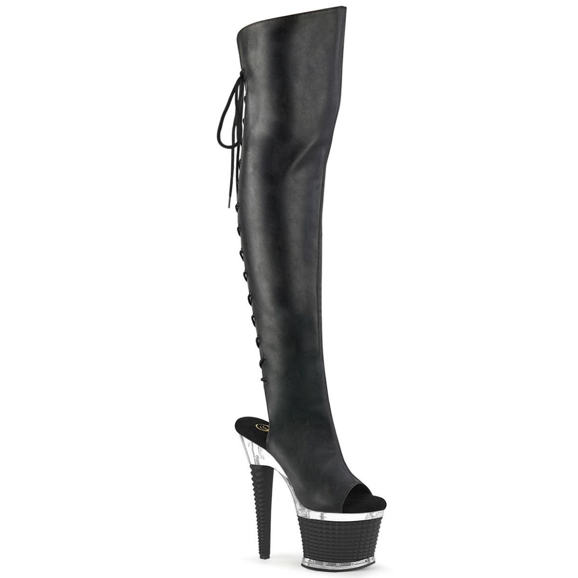 Image of Pleaser SPECTATOR-3019 Blk Faux Leather/Clr-Blk Matte 7 Inch Heel 3 Inch Textured PF Over-The-Knee Boot Side Zip