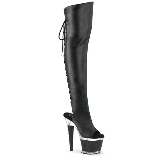 Image of Pleaser SPECTATOR-3019 Blk Faux Leather/Clr-Blk Matte 7 Inch Heel 3 Inch Textured PF Over-The-Knee Boot Side Zip