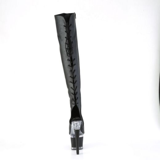 Image of Pleaser SPECTATOR-3019 Blk Faux Leather/Clr-Blk Matte 7 Inch Heel 3 Inch Textured PF Over-The-Knee Boot Side Zip