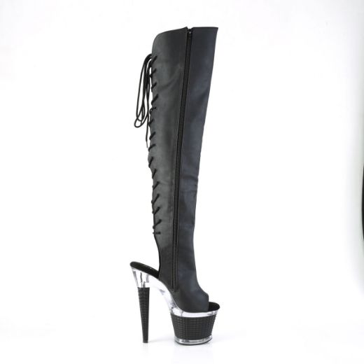 Image of Pleaser SPECTATOR-3019 Blk Faux Leather/Clr-Blk Matte 7 Inch Heel 3 Inch Textured PF Over-The-Knee Boot Side Zip