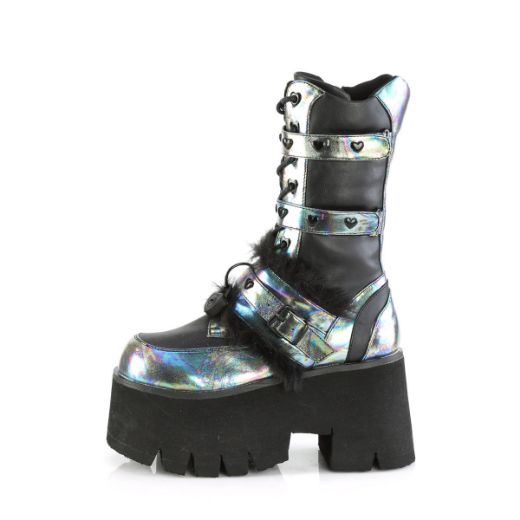 Image of Demonia ASHES-120 Blk Vegan Le Green Multi Oil 3 1/2 Inch Chunky Heel 2 1/4 Inch PF Lace-Up Mid-Calf BT Side Zip