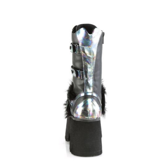 Image of Demonia ASHES-120 Blk Vegan Le Green Multi Oil 3 1/2 Inch Chunky Heel 2 1/4 Inch PF Lace-Up Mid-Calf BT Side Zip