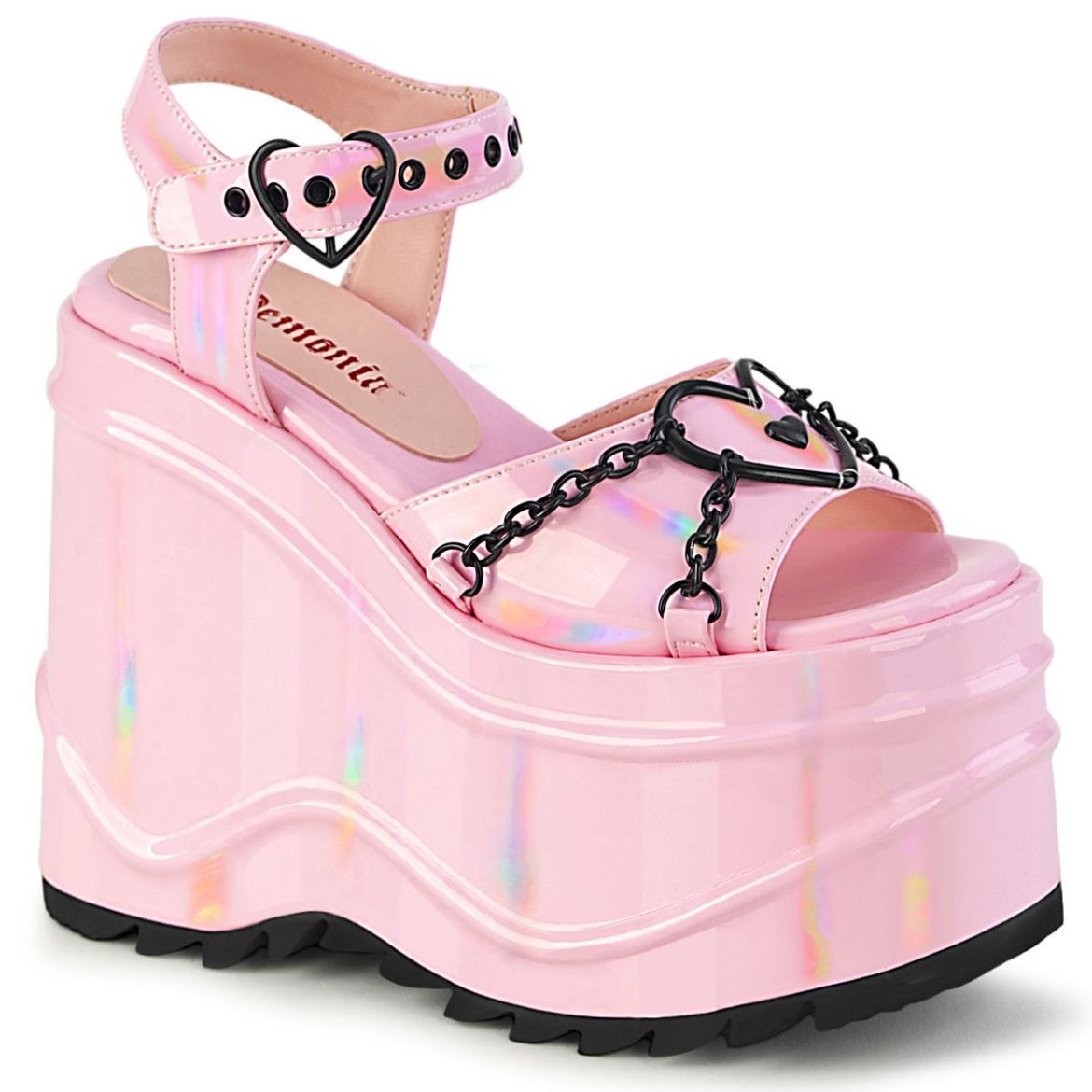 Image of Demonia WAVE-09 B.Pink Hologram 6 Inch Wedge PF Ankle Strap Sandal
